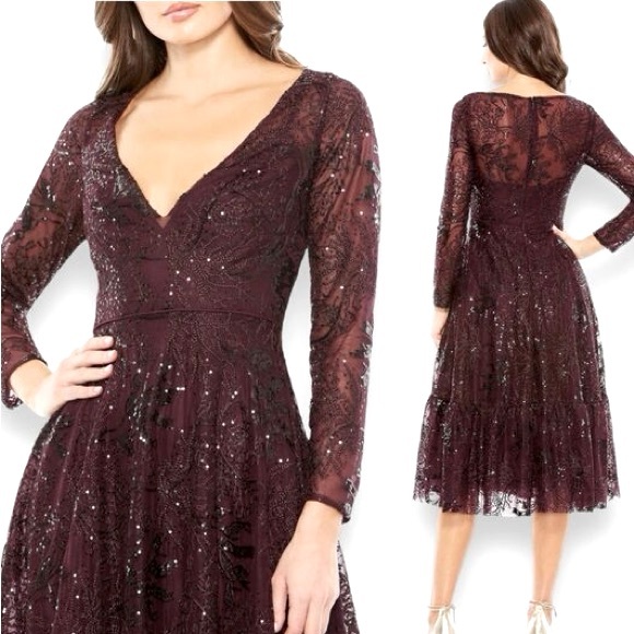 Mac Duggal Beaded Lace V-Neck Cocktail Dress Size 4